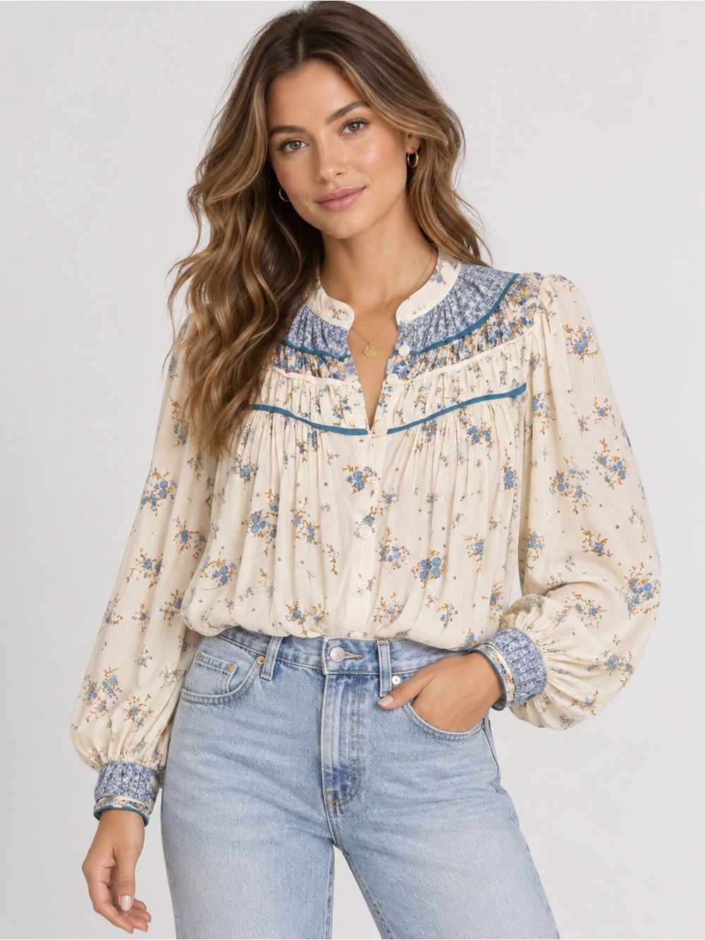 Free People Paloma Printed Blouse Tea Combo Floral Boho Prairie Top S